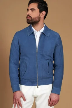Uomo D'Arienzo Owen - Giacca in camoscio denim blu con colletto camicia impunturato a mano