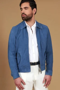 Uomo D'Arienzo Owen - Giacca in camoscio denim blu con colletto camicia impunturato a mano