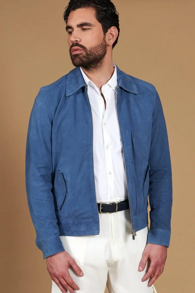 Uomo D'Arienzo Owen - Giacca in camoscio denim blu con colletto camicia impunturato a mano