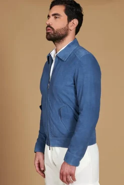 Uomo D'Arienzo Owen - Giacca in camoscio denim blu con colletto camicia impunturato a mano