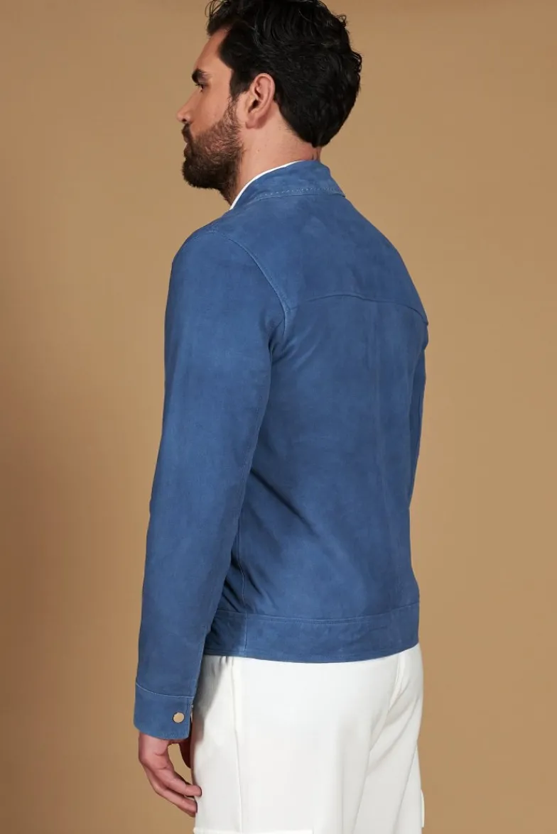 Uomo D'Arienzo Owen - Giacca in camoscio denim blu con colletto camicia impunturato a mano