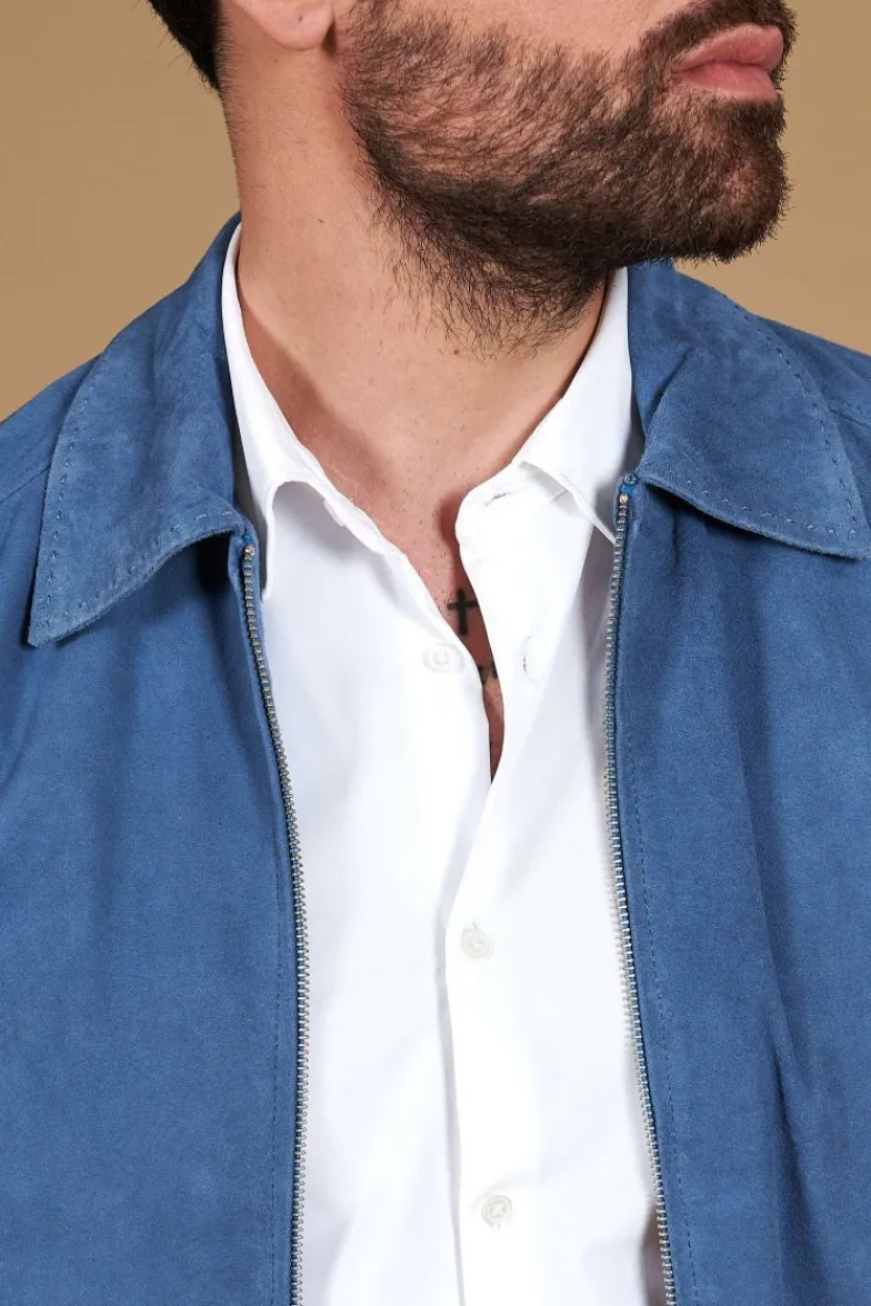 Uomo D'Arienzo Owen - Giacca in camoscio denim blu con colletto camicia impunturato a mano