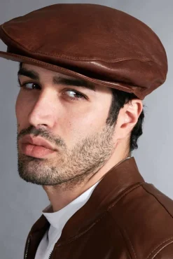 Uomo D'Arienzo Palermo - Coppola in pelle vintage marrone uomo visiera bottone a pressione