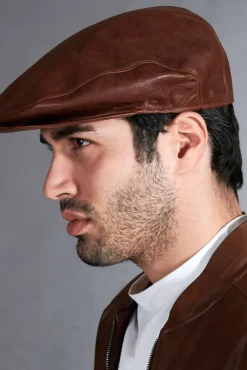 Uomo D'Arienzo Palermo - Coppola in pelle vintage marrone uomo visiera bottone a pressione