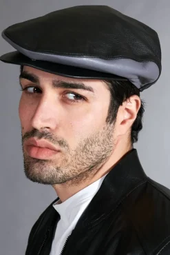 Uomo D'Arienzo Palermo - Coppola in pelle nero grigio uomo visiera bottone a pressione