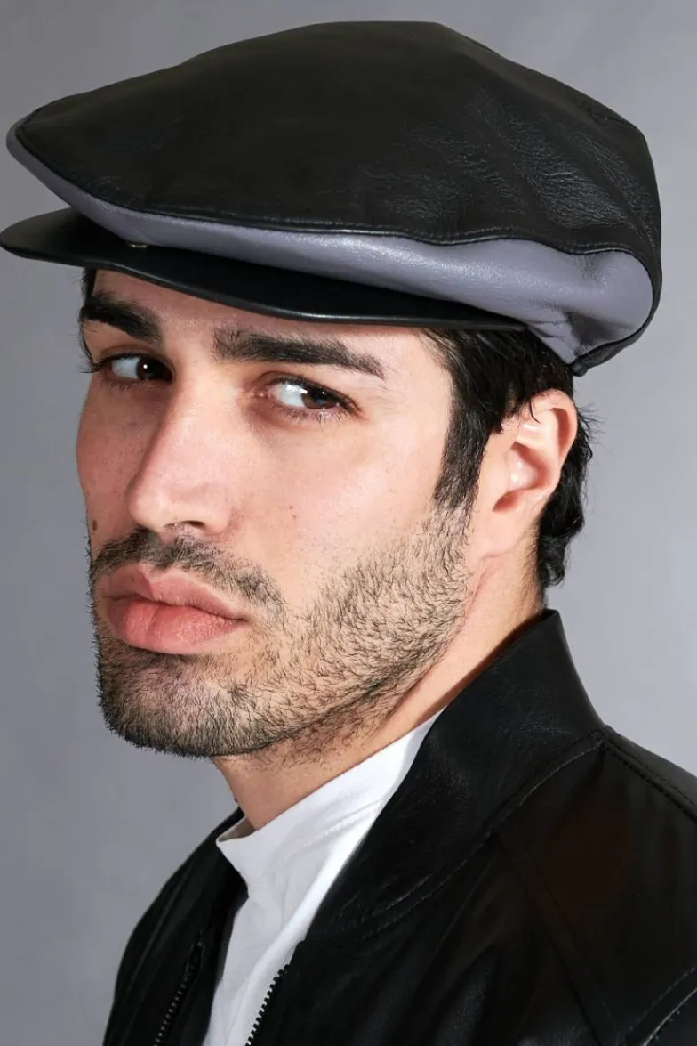Uomo D'Arienzo Palermo - Coppola in pelle nero grigio uomo visiera bottone a pressione