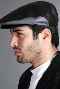 Uomo D'Arienzo Palermo - Coppola in pelle nero grigio uomo visiera bottone a pressione