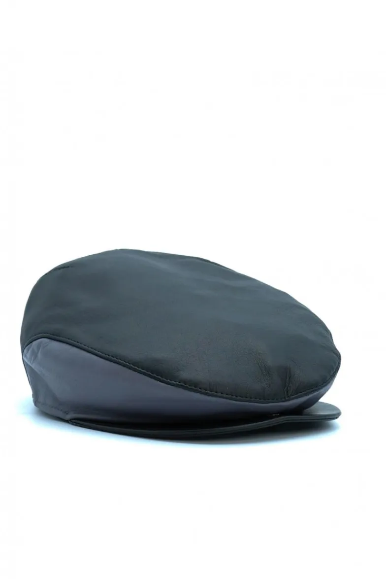 Uomo D'Arienzo Palermo - Coppola in pelle nero grigio uomo visiera bottone a pressione