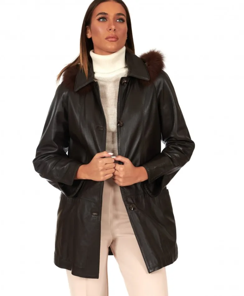 Donna D'Arienzo Pamela - Cappotto in pelle testa di moro con cappuccio pelliccia a tono