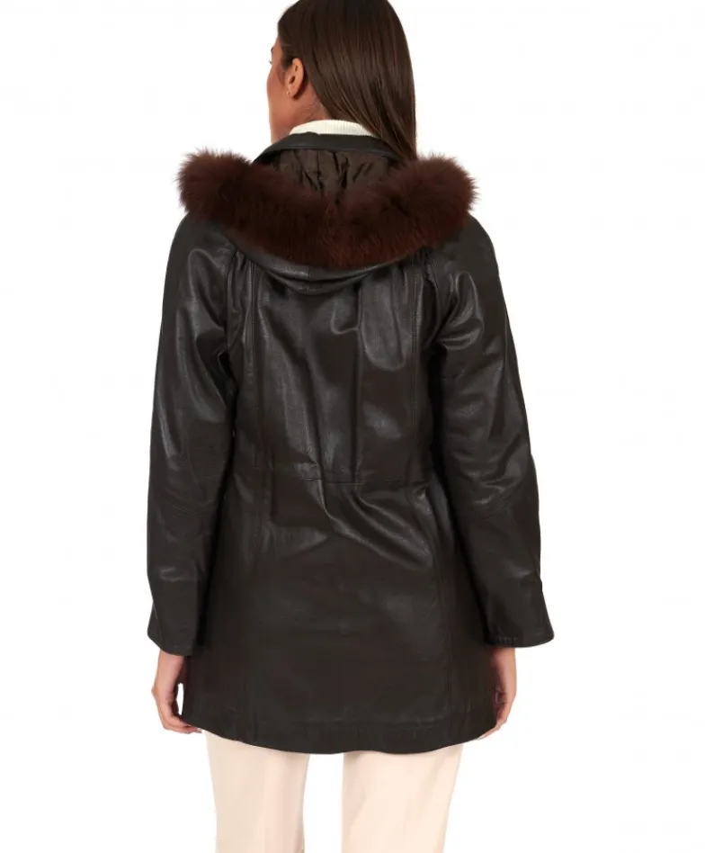 Donna D'Arienzo Pamela - Cappotto in pelle testa di moro con cappuccio pelliccia a tono