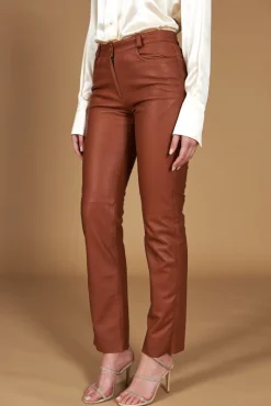 Donna D'Arienzo Penelope - Pantalone in pelle color cuoio nappa effetto liscio