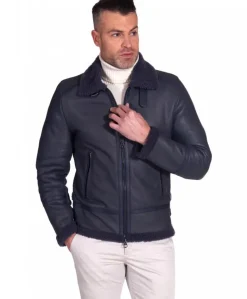 Uomo D'Arienzo Peter - Montone blu Shearling biker uomo collo camicia con fibbia