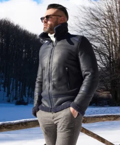 Uomo D'Arienzo Peter - Montone blu Shearling biker uomo collo camicia con fibbia