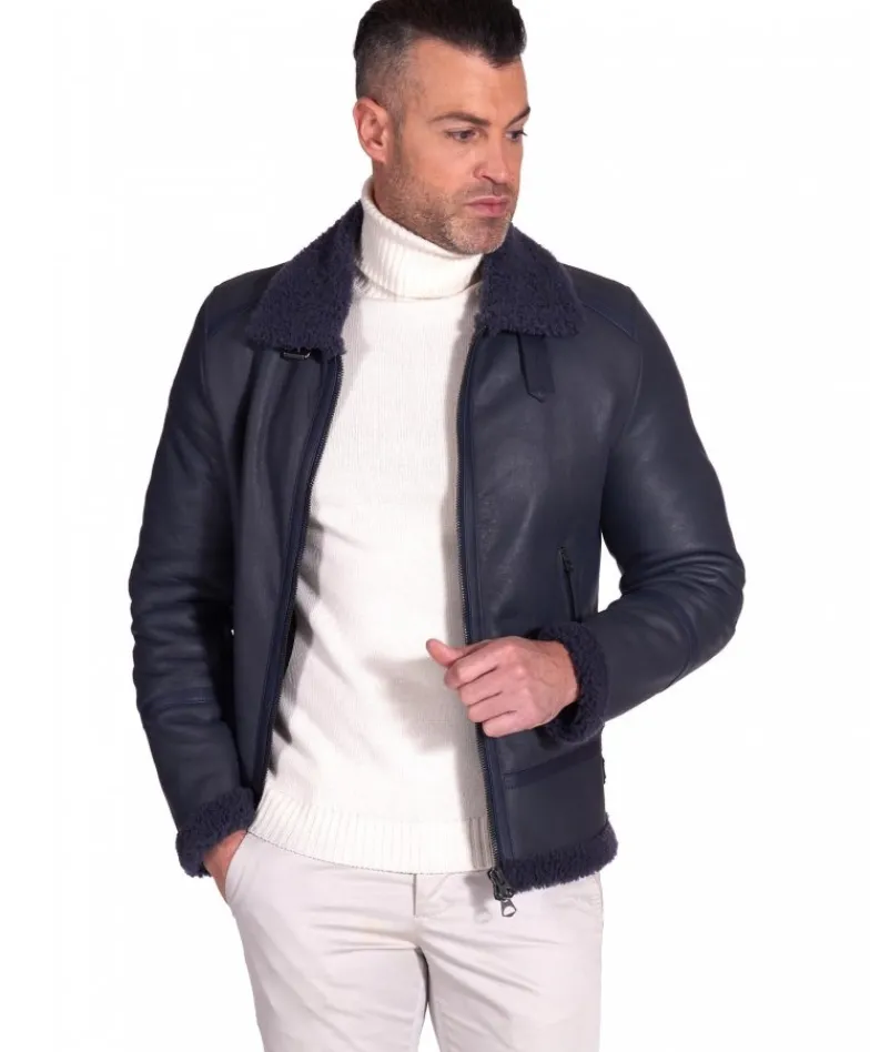 Uomo D'Arienzo Peter - Montone blu Shearling biker uomo collo camicia con fibbia