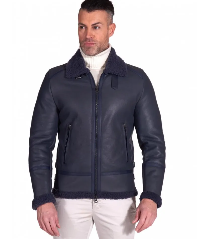Uomo D'Arienzo Peter - Montone blu Shearling biker uomo collo camicia con fibbia