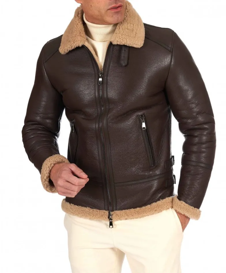 Uomo D'Arienzo Peter - Montone Shearling marrone biker uomo collo camicia con fibbia