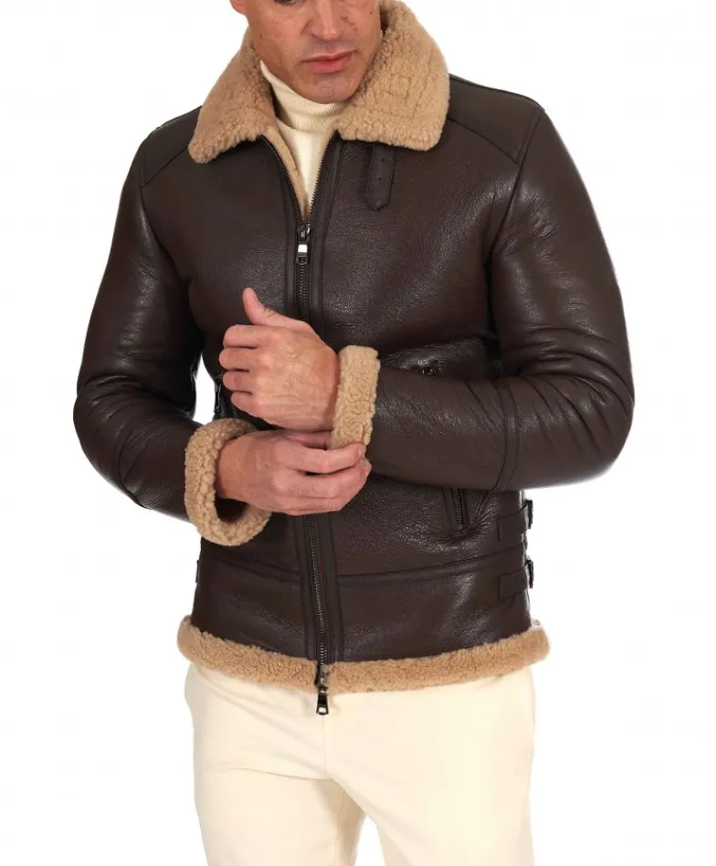 Uomo D'Arienzo Peter - Montone Shearling marrone biker uomo collo camicia con fibbia