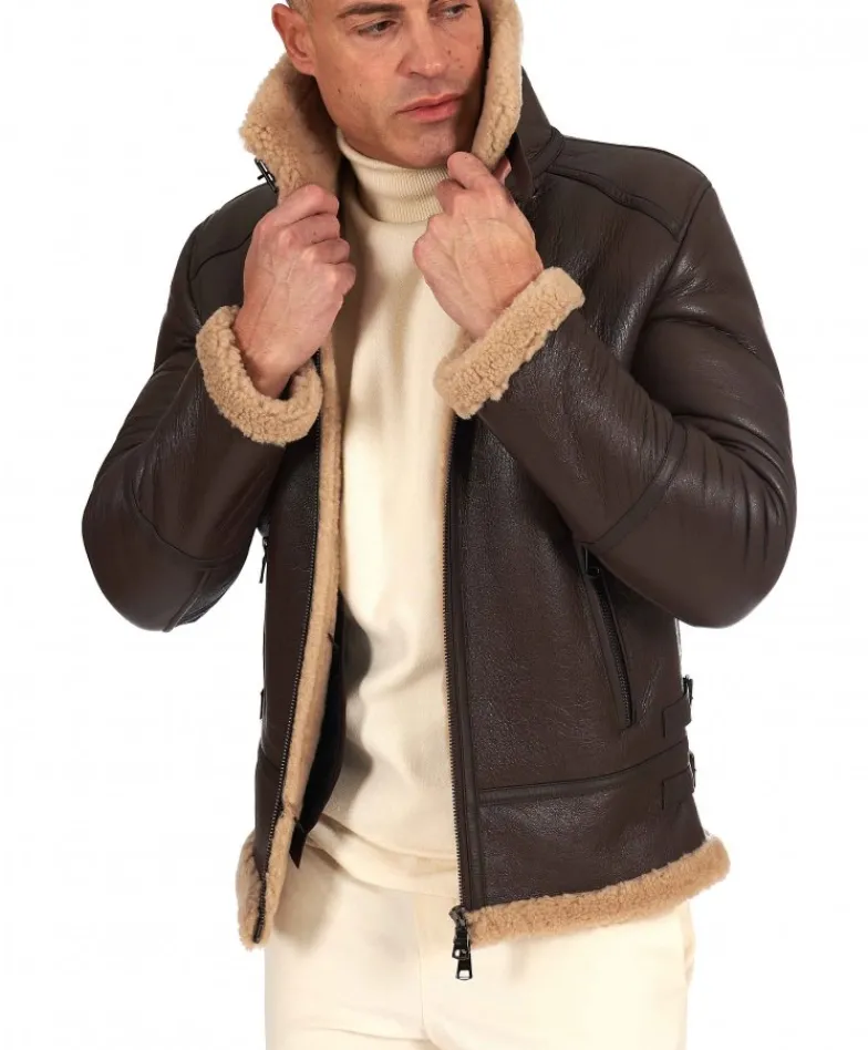 Uomo D'Arienzo Peter - Montone Shearling marrone biker uomo collo camicia con fibbia