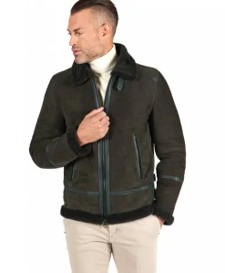 Uomo D'Arienzo Peter - Montone Shearling scamosciato verde uomo collo camicia con fibbia