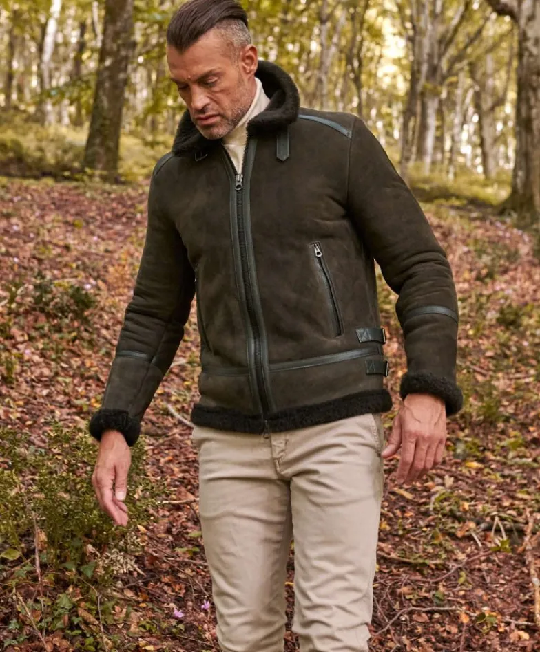 Uomo D'Arienzo Peter - Montone Shearling scamosciato verde uomo collo camicia con fibbia