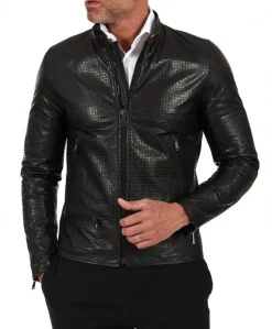 Uomo D'Arienzo Philiphs - Giacca in pelle nappa nera goffrata quattro tasche zip