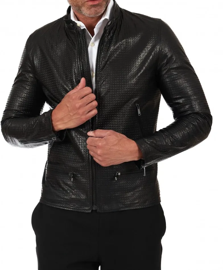 Uomo D'Arienzo Philiphs - Giacca in pelle nappa nera goffrata quattro tasche zip