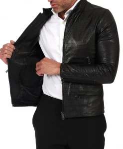 Uomo D'Arienzo Philiphs - Giacca in pelle nappa nera goffrata quattro tasche zip