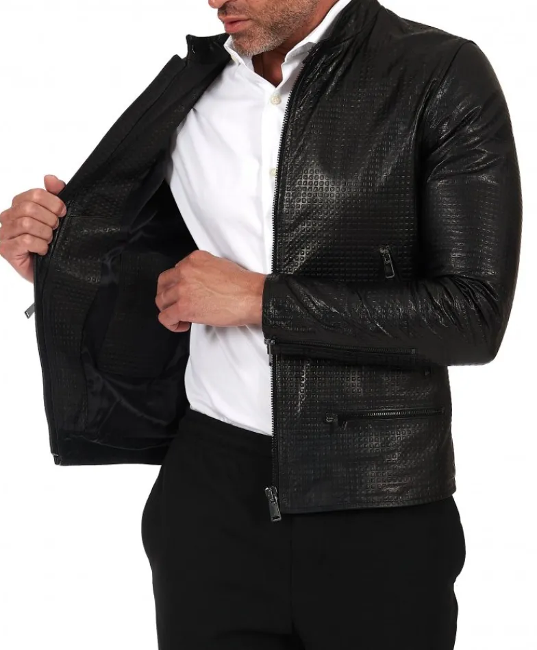 Uomo D'Arienzo Philiphs - Giacca in pelle nappa nera goffrata quattro tasche zip
