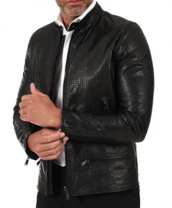 Uomo D'Arienzo Philiphs - Giacca in pelle nappa nera goffrata quattro tasche zip