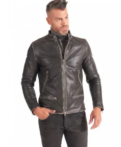 Uomo D'Arienzo Philiphs - Giacca in pelle nera vintage quattro tasche zip