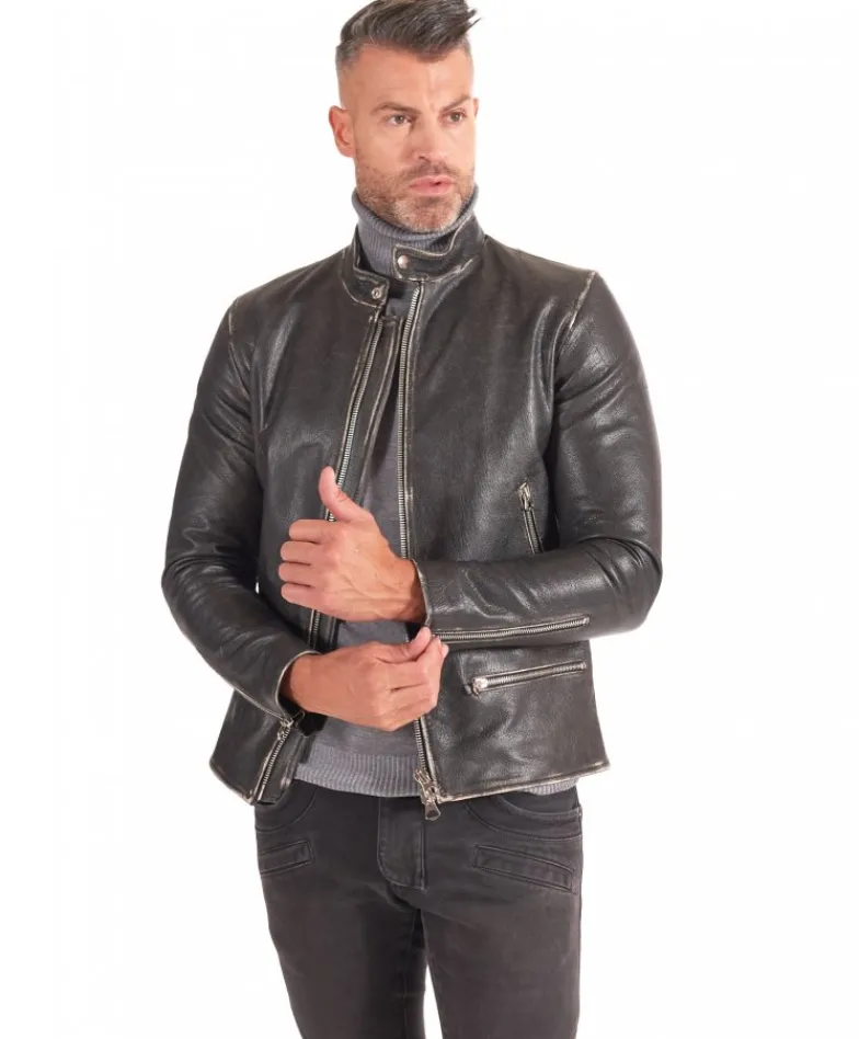 Uomo D'Arienzo Philiphs - Giacca in pelle nera vintage quattro tasche zip