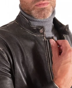 Uomo D'Arienzo Philiphs - Giacca in pelle nera vintage quattro tasche zip