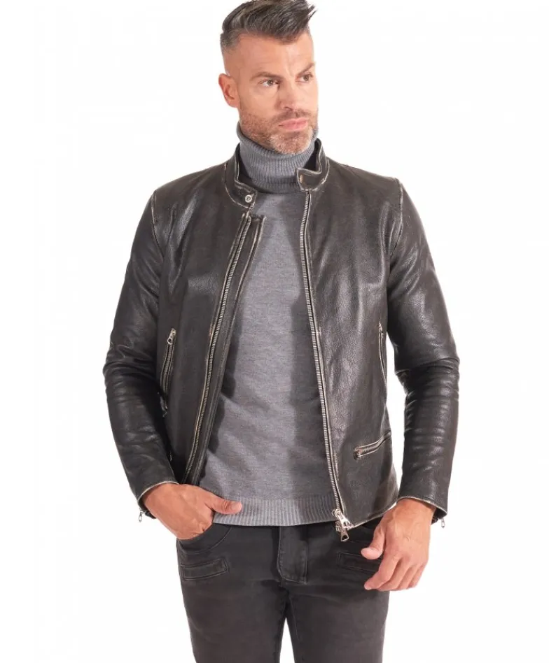 Uomo D'Arienzo Philiphs - Giacca in pelle nera vintage quattro tasche zip