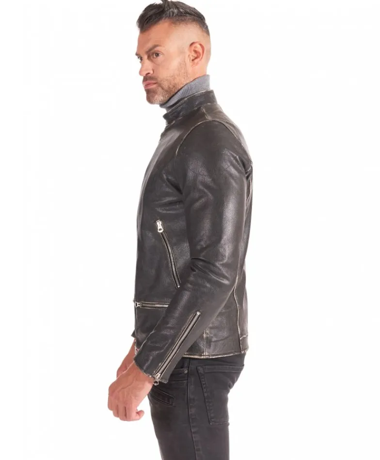 Uomo D'Arienzo Philiphs - Giacca in pelle nera vintage quattro tasche zip
