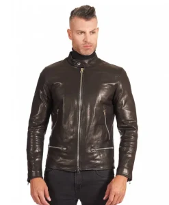 Uomo D'Arienzo Philiphs - Giacca in pelle lavata nera vintage quattro tasche zip