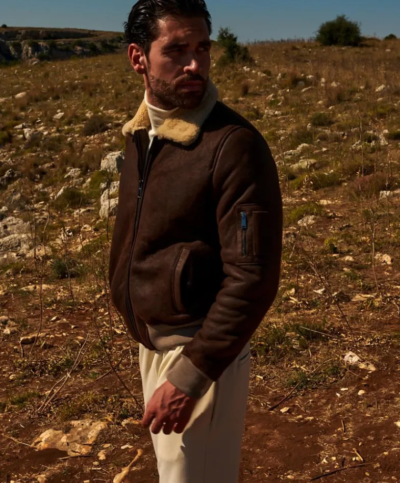 Uomo D'Arienzo Pilot - Montone Shearling testa di moro bomber uomo collo camicia