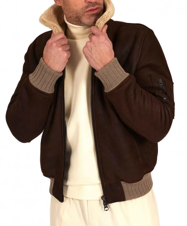 Uomo D'Arienzo Pilot - Montone Shearling testa di moro bomber uomo collo camicia