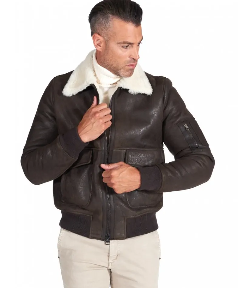 Uomo D'Arienzo Pilot - Montone Shearling testa di moro bomber uomo collo camicia