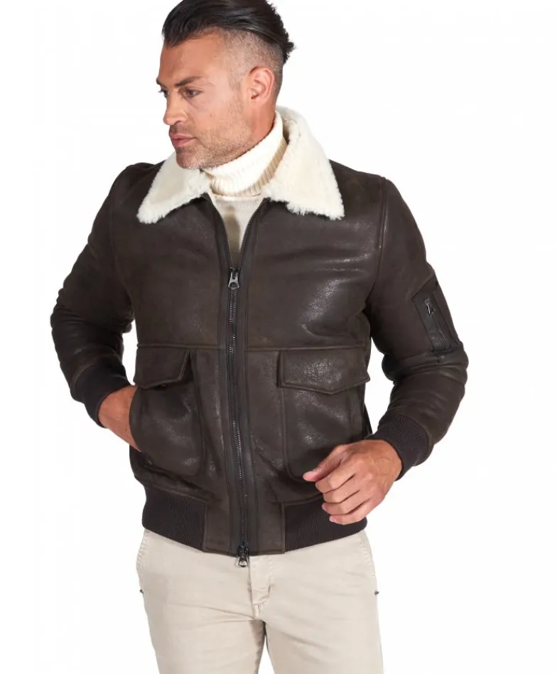 Uomo D'Arienzo Pilot - Montone Shearling testa di moro bomber uomo collo camicia