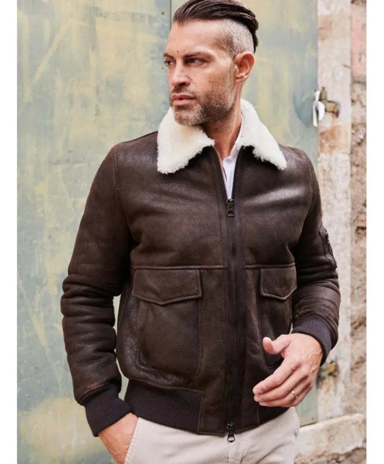 Uomo D'Arienzo Pilot - Montone Shearling testa di moro bomber uomo collo camicia
