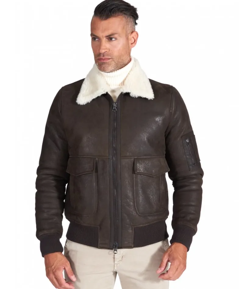 Uomo D'Arienzo Pilot - Montone Shearling testa di moro bomber uomo collo camicia
