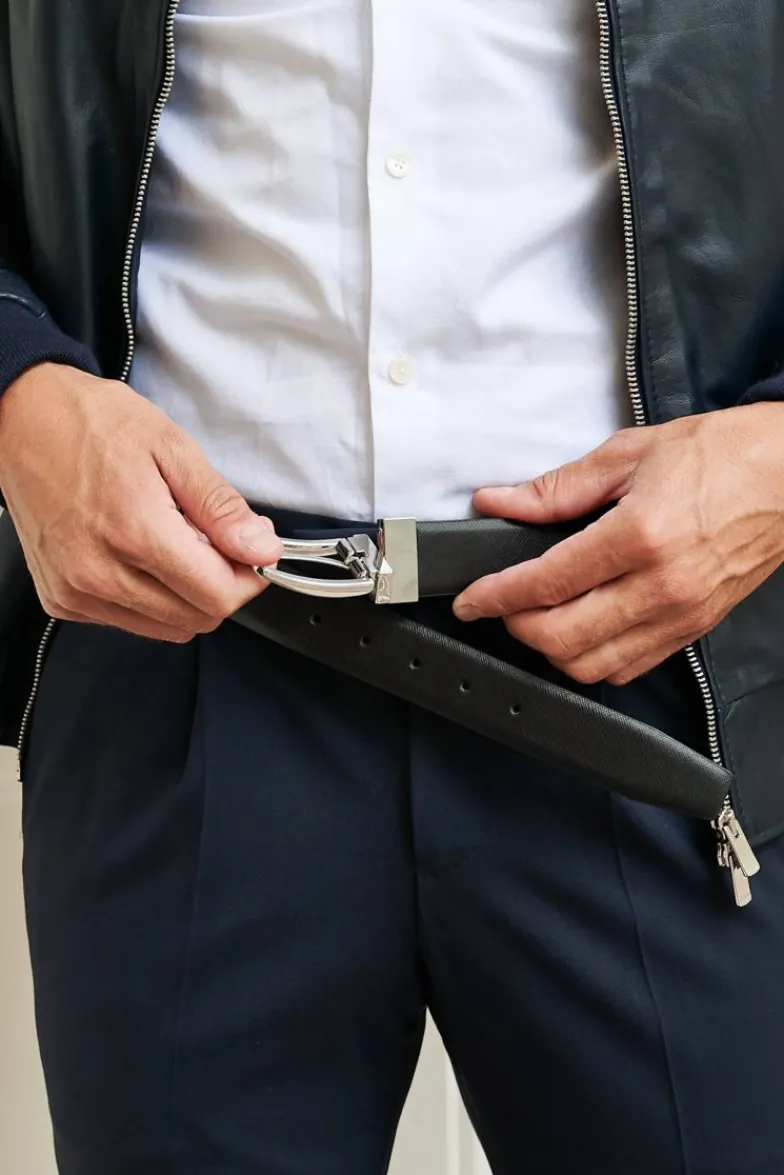 Uomo D'Arienzo Rev-Saff - Cintura uomo in pelle di vitello saffiano nero blu reversibile con fibbia girevole