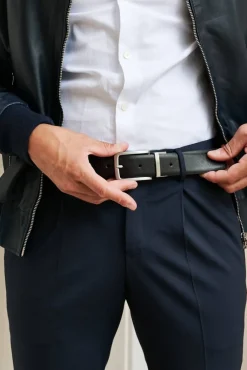 Uomo D'Arienzo Rev-Saff - Cintura uomo in pelle di vitello saffiano nero blu reversibile con fibbia girevole