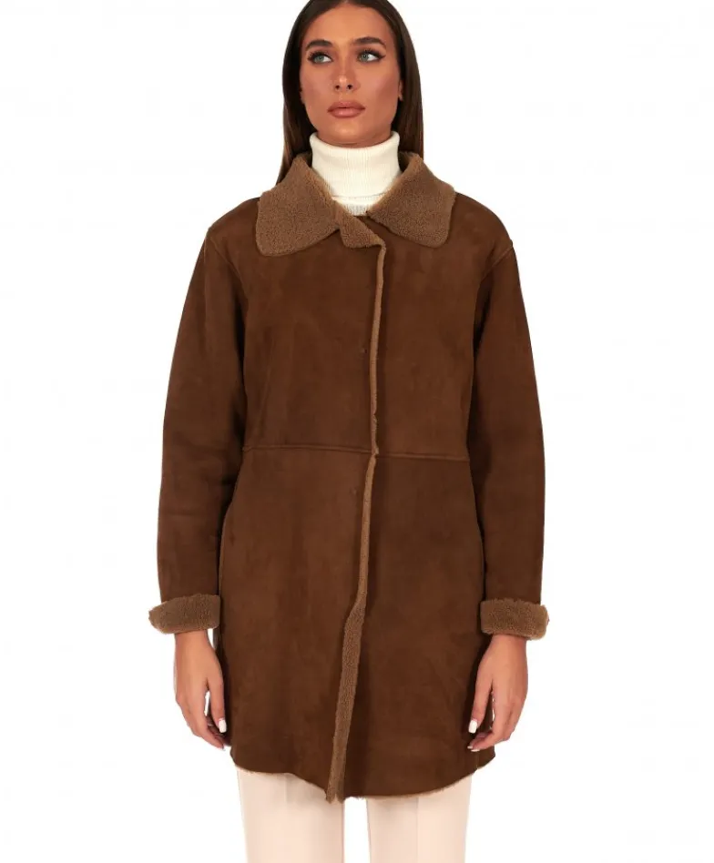 Donna D'Arienzo Rita - Cappottino in montone colore marrone colletto camicia
