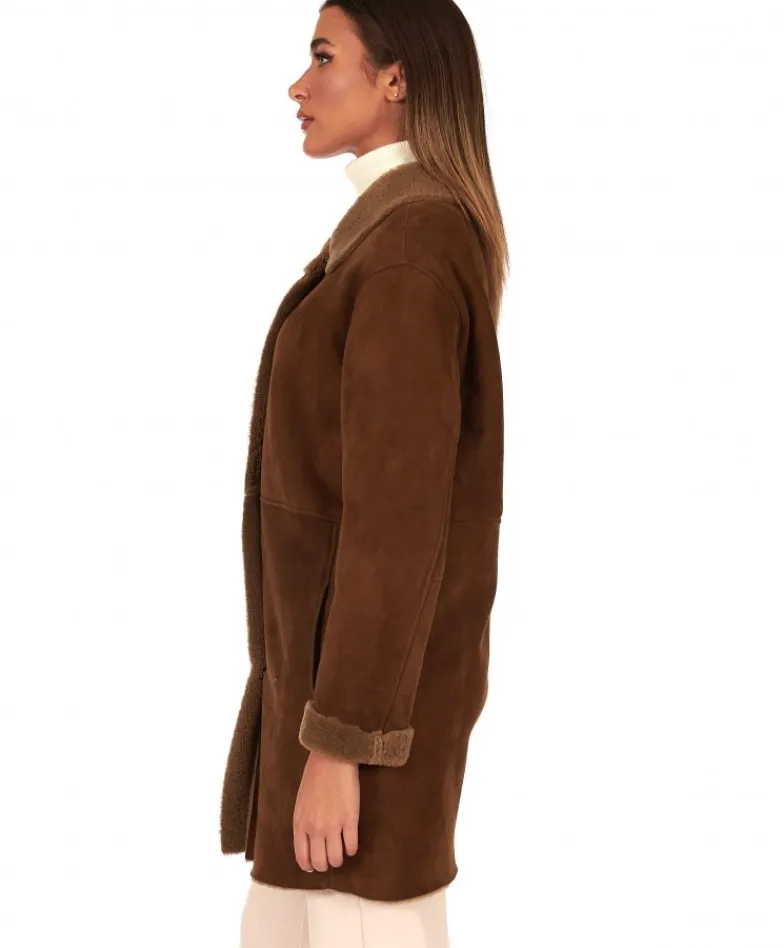 Donna D'Arienzo Rita - Cappottino in montone colore marrone colletto camicia