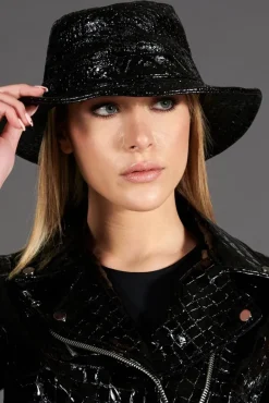 Donna D'Arienzo Riviera - Cappello da donna in pelle nera laminata stile secchiello