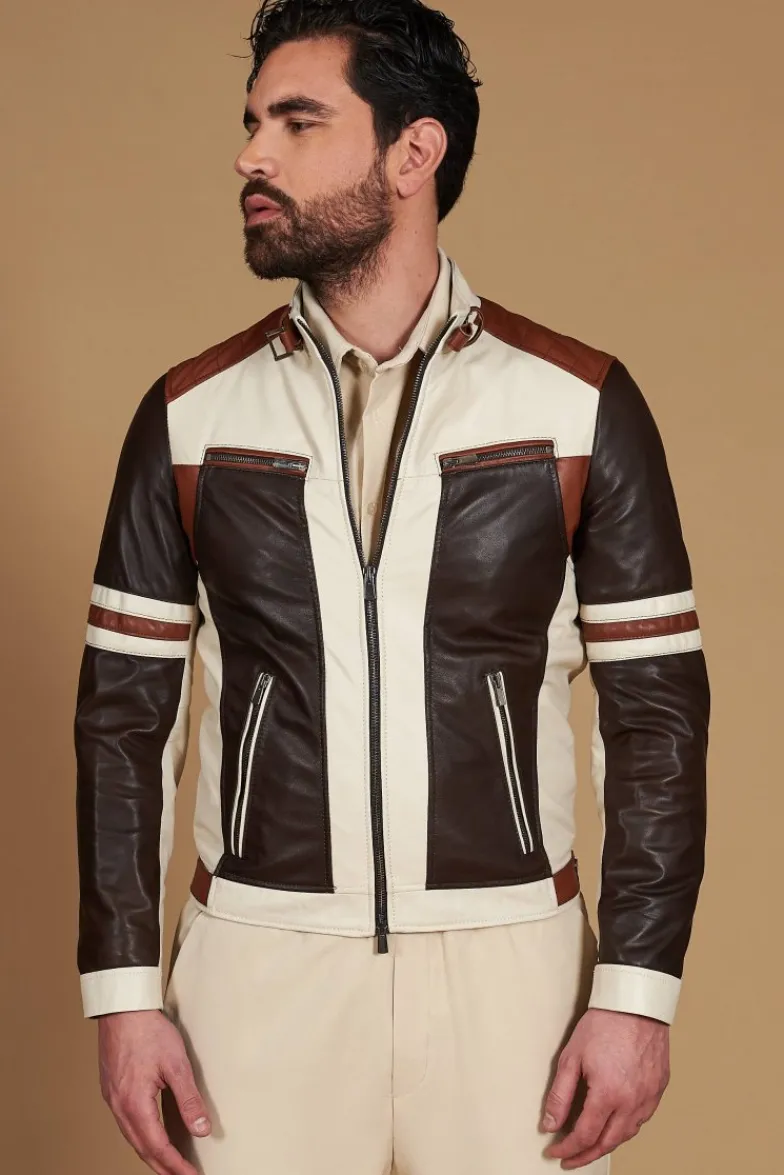 Uomo D'Arienzo Roberto - Giacca in pelle beige multicolor trapuntata sulle spalle design patch