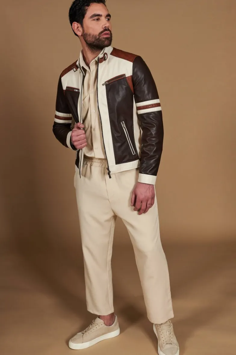 Uomo D'Arienzo Roberto - Giacca in pelle beige multicolor trapuntata sulle spalle design patch