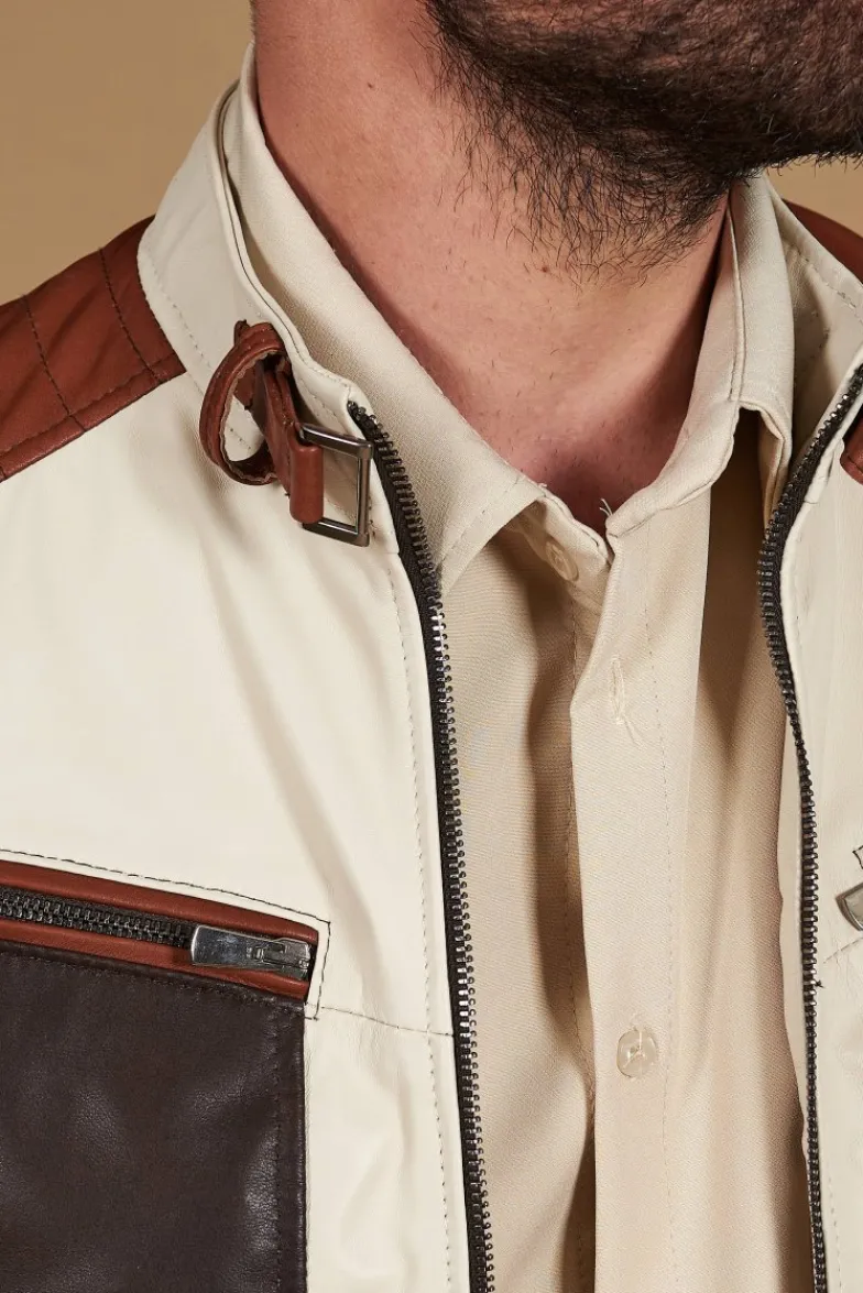 Uomo D'Arienzo Roberto - Giacca in pelle beige multicolor trapuntata sulle spalle design patch