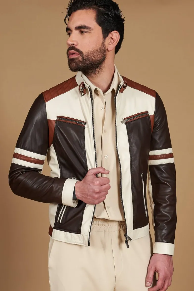 Uomo D'Arienzo Roberto - Giacca in pelle beige multicolor trapuntata sulle spalle design patch